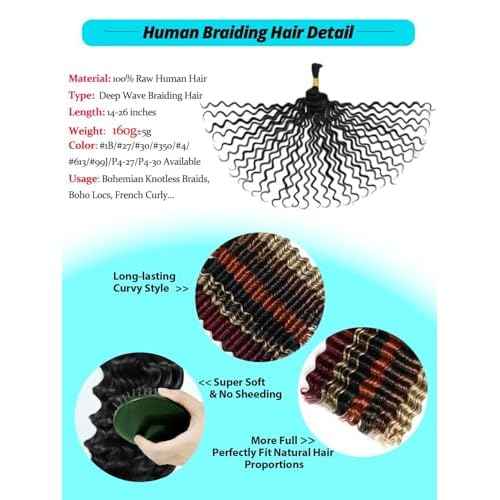 99J Burgundy Red Human Braiding Hair for Boho Braids 5 Bundles 20 Inch 160g 12A Deep Wave Braiding Hair for Bohemian Knotless Braids 100% Unprocessed Brazilian Virgin Bulk Hair Extensions No Weft