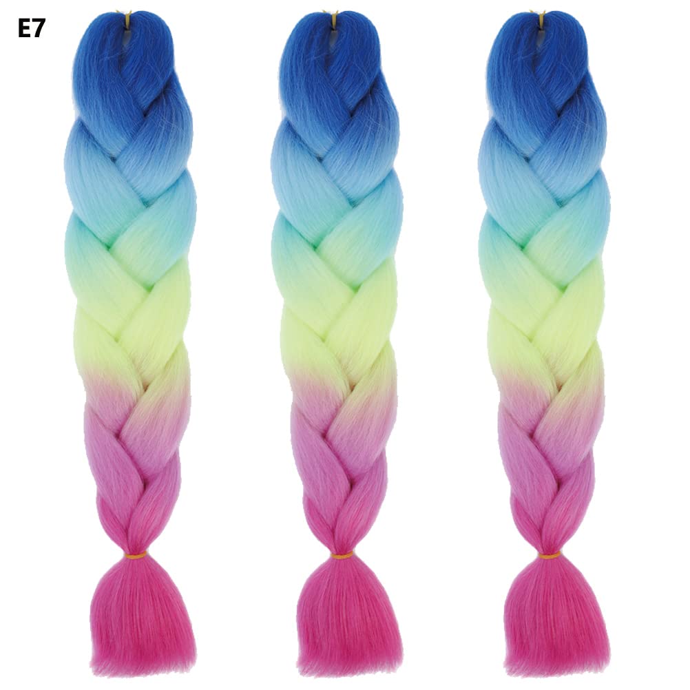 Xiaofeng Braiding Hair Extensions for Women 3 Packs 100g/Pack 24Inch High Temperature Ombre Jumbo Synthetic Braiding Hair for Twist Crochet Braids (blue-sky blue-yellow-light pink-rose)