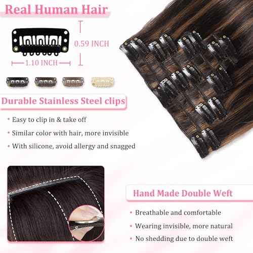 Clip in Hair Extensions Real Human Hair, Seamless Balayage Human hair Clip ins Extensions for Women Invisible Straight 8Pcs Double Weft Dark Brown Highlight Chestnut Brown 18inch 100g