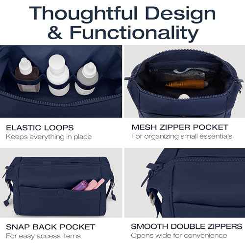 KAZAY Expandable Toiletry Bag with Side Clips for Adjustable Sizing, Premium High-Density Nylon, Open Wide Zipper, Stylish, Water Resistant, Cosmetic Bag, Makeup Bag, Full-Size Bottles, Unisex (Navy)