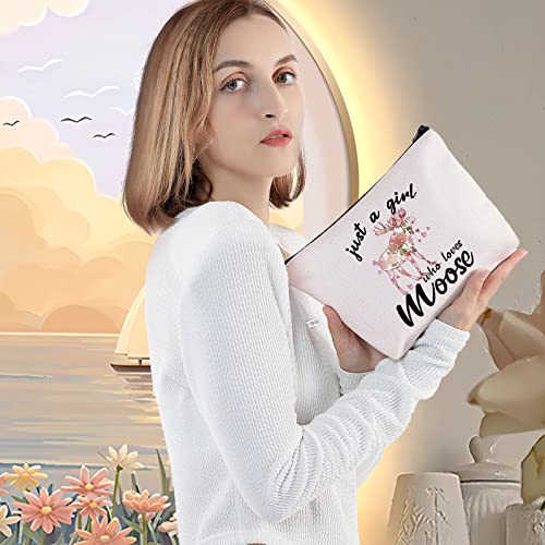 LEVLO Funny Moose Cosmetic Make up Bag Animal Lover Gift Just A Girl Who Loves Moose Makeup Zipper Pouch Bag Moose Lover Gift For Women Girls (Just Moose Bag)