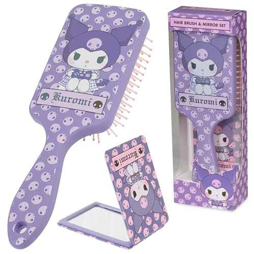 Hello Kitty Hair Brush and Compact Mirror Set for Girls, Teens, Women, Detangler Brush, Kawaii Cute Stuff, Makeup Gifts for Her (Kuromi Brush & Mirror)