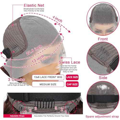 Reddish Brown Bob Wig Human Hair Body Wave 13x4 HD Lace Front Wigs Human Hair 16Inch 33# Body Wave Lace Frontal Wig Pre Plucked 180% Density Wine Red Bob Wigs for Women