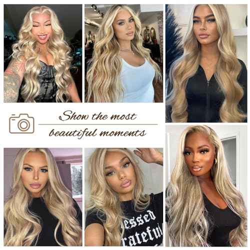 SAPPHIREWIGS Ash Blonde Lace Front Wig 13x4 Synthetic Lace Front Wigs Pre Plucked Highlight Milk Tea Blonde Glueless Long Wavy Wigs for Women Daily Party Use 26 inch