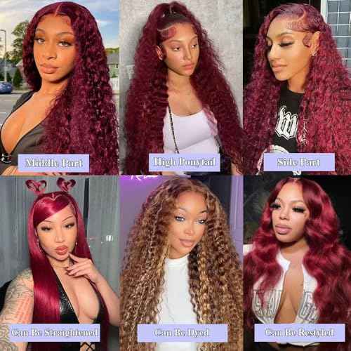 Burgundy Wig Human Hair Deep Wave 13x6 Transparent Lace Front Wigs Human Hair 200 Density 99j Burgundy Wigs Pre Plucked 99J Curly human Wig with Baby Hair 22 Inch