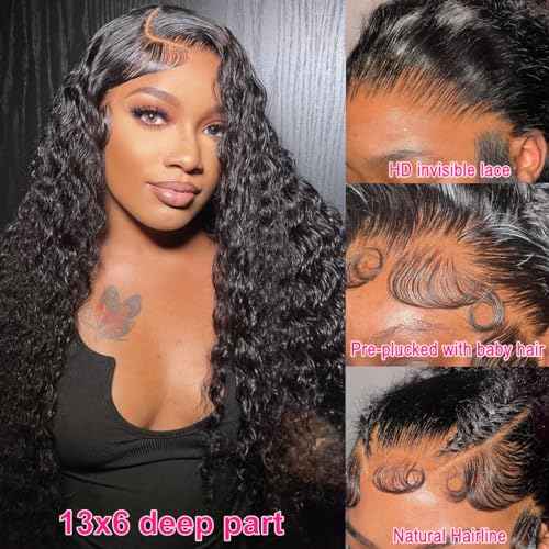 180% Density 13x6 Deep Wave Lace Front Wigs Human Hair Pre Plucked Glueless Transparent HD Lace Frontal Wigs Human Hair Brazilian Virgin Black Hair Natural Hairline 20 Inch Wig