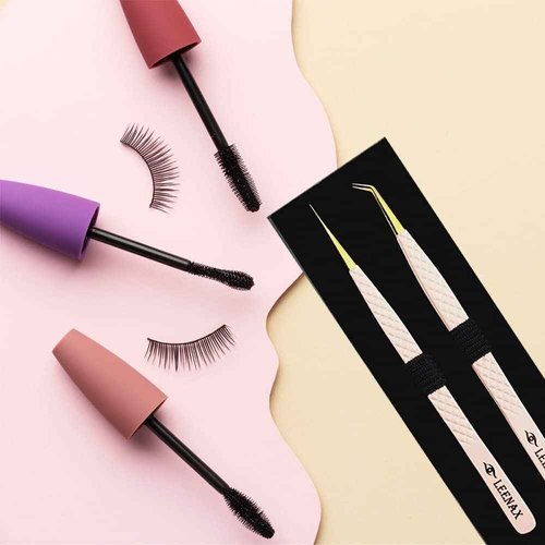 Eyelash Extension Tweezers Micro Fiber Tip (Anti – Slip) Set of 2 pieces straight & curved with Diamond Grip, Rainbow Colour,14cm, volume Tweezers, Lash Extension Precision tweezers. (Peach)