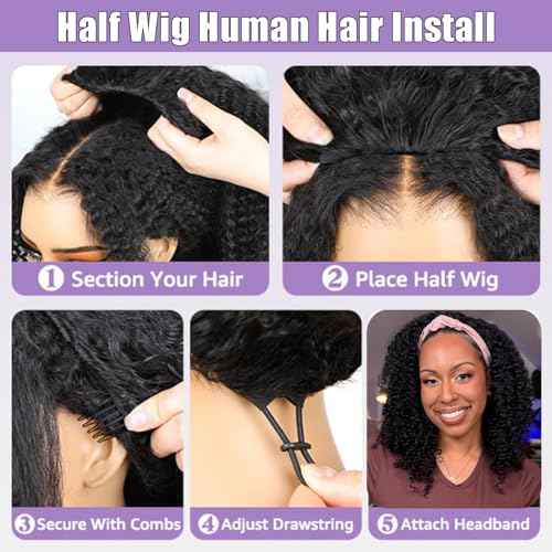 Half Wig Human Hair 210 Density Kinky Curly Half Wig for Black Women 3 In 1 Seamless Flip Over Human Hair Half Wig Glueless Wear and Go Beginner Friendly Drawstring Headband Wig Human Hair 22 inch
