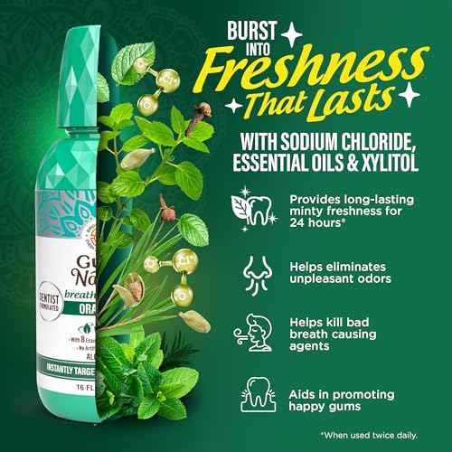 GuruNanda Fresh Breath Mouthwash, ADA-Accepted, Alcohol & Fluoride-Free, Sodium Chlorite, Essential Oils & Vitamins, 12-Hrs Fresh Breath, Wild Mint, 16 oz - 2 Pack