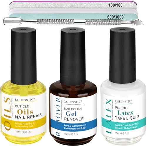 LOUINSTIC 3-in-1 Gel Nail Remover Kit ? Gel Nail Polish Remover, Liquid Latex Peel-Off Tape, Cuticle Oil for Nails & Manicure Tools ? Acetone-Free, Low Odor, Removes Gel in 2?5 Min, No Foil