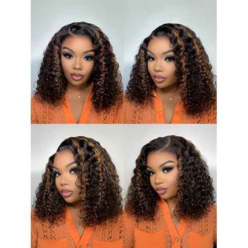 ISEE Hair Highlight Glueless Bob Wigs Human Hair Pre Plucked Pre Cut 2/30 Honey Blonde Curly Human Hair Wig for Black Women Ombre Water Wave 5x7 HD Lace Closure Wigs with Elastic Band 14 Inch
