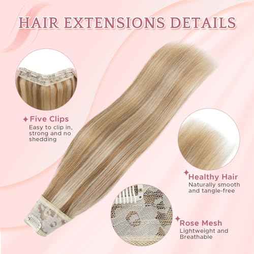 One Piece Clip in Hair Extensions 100% Real Human Hair 3/4 Full Head Hair with Upgraded V-Shaped Weft 5 Clips in Hair Extensions for Women, £¨20 Inch, #12P613 Golden Brown mixed Bleach Blonde£©