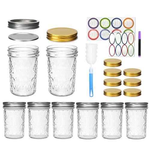 8oz Mason Jars,Canning Jars,Jam Jars for Jelly,Honey,Wedding Favors, Food Storage for Kitchen & DIY Gifts,with Lables,Pen and Sponge Brush,Set of 8