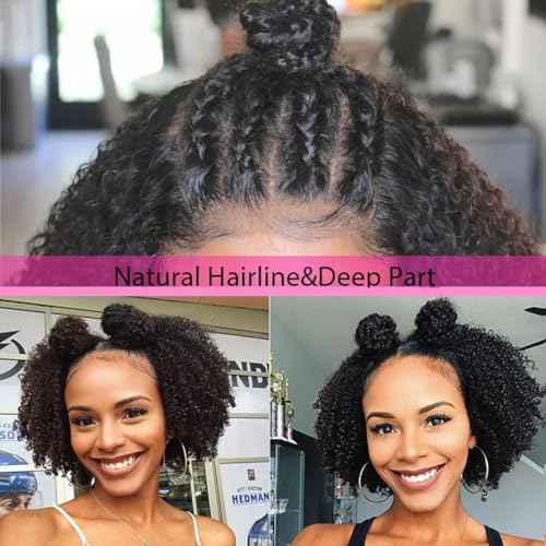 Bob Wig Human Hair Afro Kinky Curly 13x4 Frontal Lace Wig Human Hair 180 Density Glueless Wig Human Hair Pre Plucked with Baby Hair Short Bob Wigs for Black Women Natural Color 16 inch