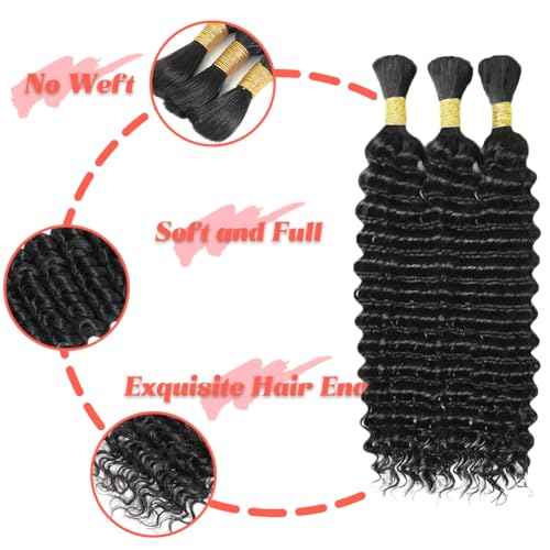 26 Inch 150g Human Braiding Hair for Boho Braids Deep Wave Bulk 100% Unprocessed Brazilian Virgin Human Hair for Braiding Bohemian No Weft 3 Bundles Natural Color