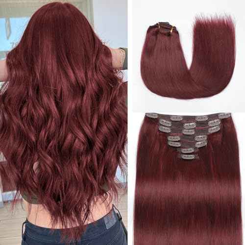 Clip in Hair Extensions Real Human Hair, Burgundy Red ? 18 Inch 7pcs 150g/Pack, Soft Hair Extensions Real Human Hair Clip ins Straight for Women, Capable for all Occasion (#99J 18 Inch)