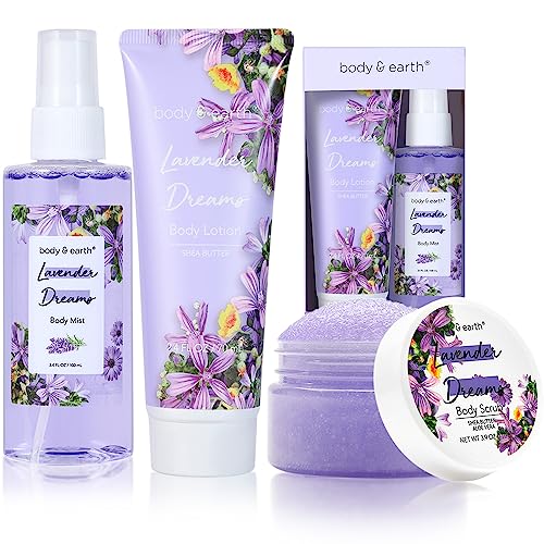 BODY & EARTH Body Mist Gift Set - Spa Gifts for Women, Perfume, Body Lotion, and Body Scrub in a Lavender Dreams Box- Perfect Birthday Gifts for Moms, and Special Occasions,Unique Gift Ideas for Her