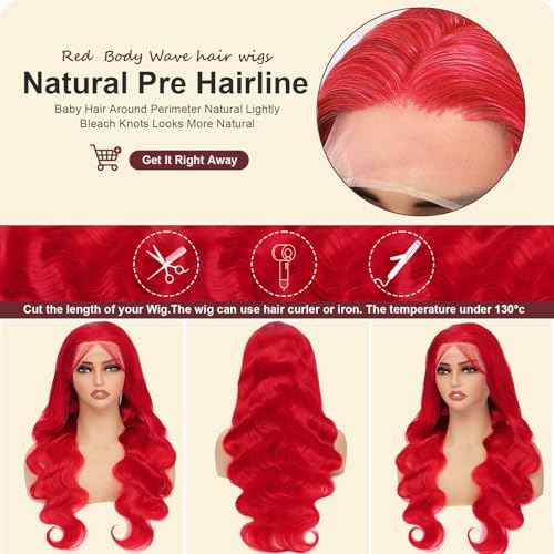 30 Inch Red Wig Human Hair 13x4 Body Wave HD Lace Front Wigs with Baby Hair 200 Density Red Color Human Hair Wig for Women