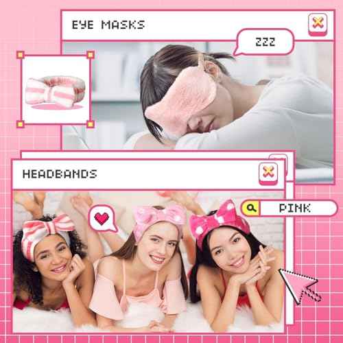 Newcotte Sleepover Party Supplies for Girls, 24 Pcs Includes Plush Sleep Eye Mask and Bow Hair Band, Fur Face Wash Headband Faux Fur Mask for Women (Cute Style)