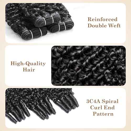 ALLRUN Burmese Curly Bundles Human Hair 3Pcs 16 18 20 Inch Raw Curly Human Hair Bundles with Spiral Ends 3C4A Quick Weave Hair Extensions for Women, Natural Black