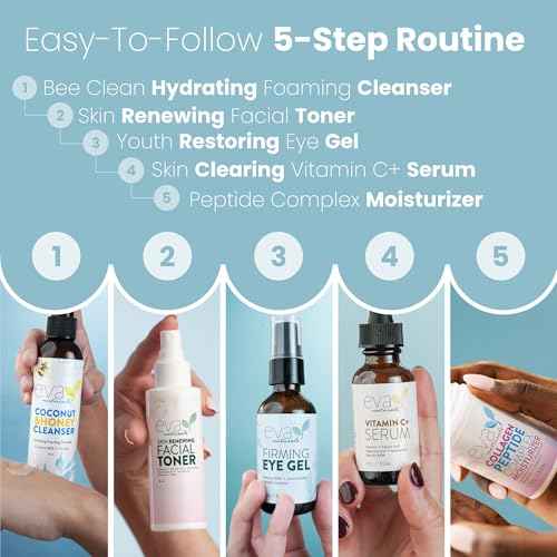 Eva Naturals Rejuvenating Skincare Set ? 5-in-1 Routine with Cleanser, Toner, Vitamin C Plus Serum, Eye Gel and Collagen Peptide Moisturizer for Face, Anti-Wrinkle, Dark Spots, Acne and Skin Replenish