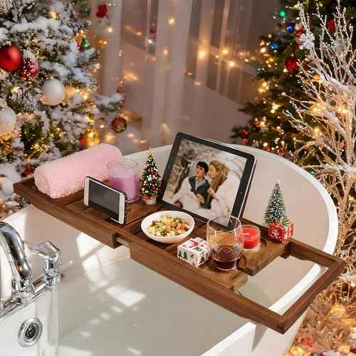 VaeFae Premium Teak Bathtub Tray, Expandable Wooden Bath Tray for Tub, Luxury Bathtub & Bathroom Accessories, Great House Warming, Anniversary & Wedding and Birthday Gifts (Free Teak Body Brush)
