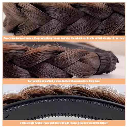 Braided Headbands for Women, 2 Pcs Handmade Fashion Braid Headband with Teeth and Elastic Stretch Braids Hairband for Girls Beauty Hair Accessories Party Festival Halloween (Black)