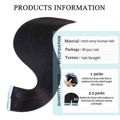 Yaki Tape in Hair Extensions Human Hair 40 PCS Light Yaki Straight Tape in Hair Extensions Human Hair Black Women 100% Human Hair Double Sided Seamless PU Tape in Hair Extensions 22 Inch