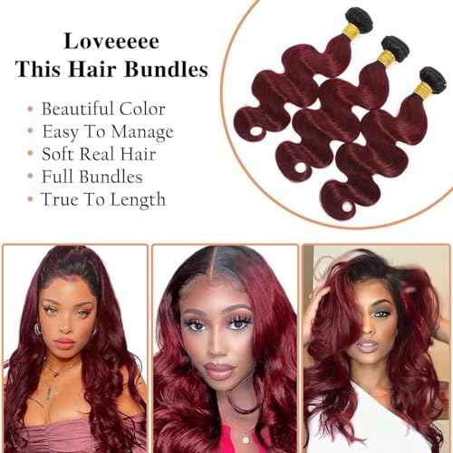 Brazilian Human Hair Bundles 22 24 26 Inch Burgundy T1B/99J Body Wave Bundles Human Hair 11A Unprocessed Brazilian Soft Quick Weave Soft Sewn In Hair for Black Women