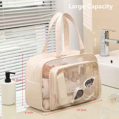 Travel Toiletry Bag for Women and Men, Beach Bag Waterproof Sandproof, Large Clear Tote for Gym Pool Beach Summer Vacation (Beige)