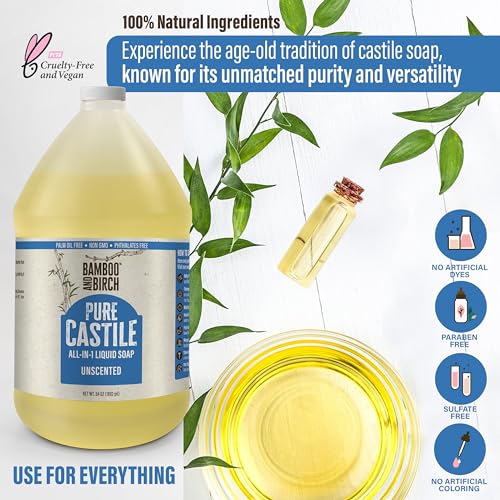 BAMBOO AND BIRCH Pure Castile Soap Liquid, Certified Palm Oil Free Natural Soap, Unscented, 64 oz