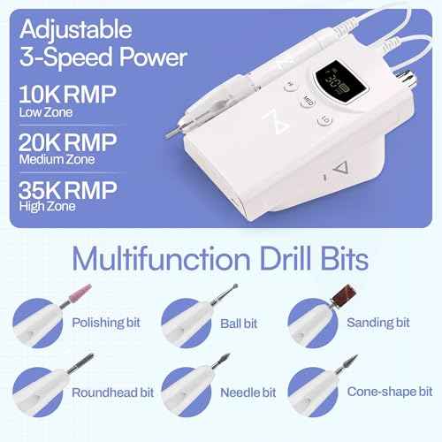 M GEM Brushless Nail Drill 35K RPM | Professional Cordless Efile Machine | Rechargeable Electric Nail File with Bits | Portable Quiet Low Vibration Tool for Acrylic, Gel, Natural Nails (White)