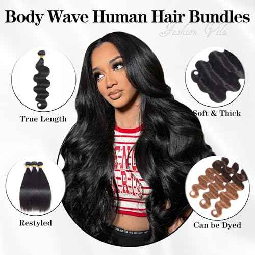Body Wave Bundles Human Hair Brazilian Virgin 3 Bundles 18 20 22 Inch 100% Unprocessed Brazilian Virgin Human Hair Weave Double Weft Body Wave Hair Extensions Natural Black for Black Woman