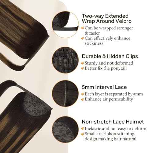 DOORES Human Hair Extensions Clip in Ponytail Wrap Around Ponytail Straight Hair Pieces For Women with Magic Paste - Balayage Dark Brown to Chestnut Brown 20 Inch 90g