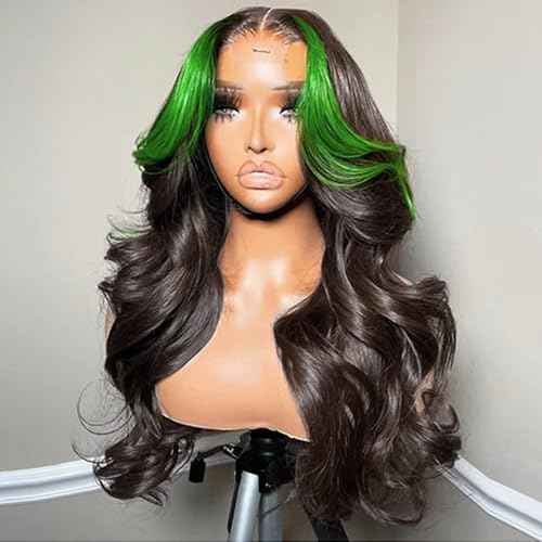 JYZ Skunk Stripe Human Hair Lace Front Wigs Green Highlights Wig Wavy 13X4 HD Lace Front Wigs Human Hair 200% Density Pre Plucked with Baby Hair 22inch Middle Part