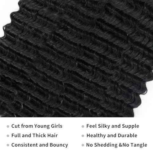 12A Deep Wave Human Hair Bundles 22 24 26 Inch 100% Unprocessed Brazilian Virgin Hair Deep Curly Weave Human Hair 3 Bundles Real Human hair Deep Wave Bundles for Women Natural Black