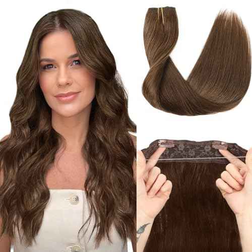 Star Show Hair Extensions Real Human Hair Chocolate Brown Hair Extensions Straight Human Hair Extensions with Transparent Wire Adjustable Size Line Hairpiece (20inch, Chocolate Brown #4)
