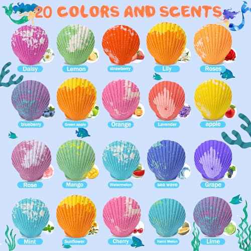 20 Pack Mermaid Bath Bombs for Girls Kids with Surprise Inside Mermaid Gifts for Girls Birthday Gifts Easter Christmas Princess Jewelry Natural Organic Bubble Shell Bath Bomb Set