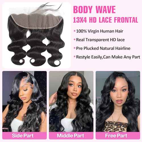 13x4 HD Lace Frontal Body Wave Human Hair 100% Unprocessed Brazilian Virgin Hair 150% Density Bleached Knots Free Part Natural Color Can Be Dyed & Curled 22 Inch