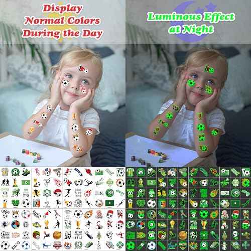 96 PCS Soccer Ball Glow In The Dark Pre-Cut Temporary Tattoos Sticker Football, Sports Themed Birthday Party Decorations Supplies Favors Europa, World Cup Cute Tattoo School Reward Game (Luminous)