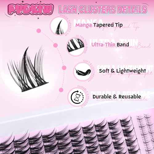 Manga Lash Clusters with Bottom Lashes Natural Lash Extension Kit Wispy Lashes Clusters Kit Fairy Eyelash Clusters Kit 10-16mm C Curl Eyelash Extension Kit with Lash Bond and Seal Lash Tweezers