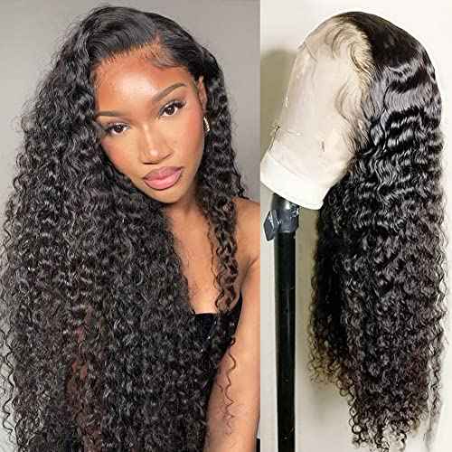 Foreverlove Deep Wave Lace Front Wigs Human Hair for Black Women 200% Density Brazilian 13¡¿4 Deep Curly Human Hair Wigs Natural Black Color (22 Inch)