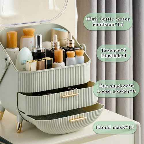 Makeup Organizer for Vanity, Cosmetics Skincare Organizers with Lid and Drawers, Cosmetic Display Cases for Countertop Bathroom Dresser, Ideal Gifts for Brush Lipstick Perfume Jewellry