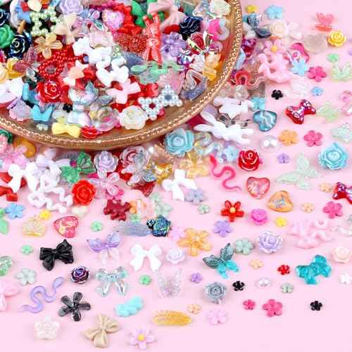 300 Pieces 3D Mix Assorted Resin Nail Charms Hollow Pearl Heart Nail Art Charms Gems Gummy Bear Star Heart Flowers Acrylic Beads