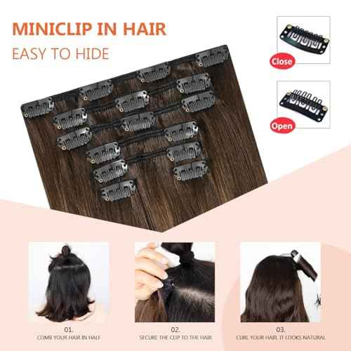Balayage Hair Extensions Real Human Hair, Ombre Medium Brown Fading to Caramel Blonde 18 inches 120g Highlights 100% Human Hair Natural Straight Woman Beauty Clip ins #4/27/4