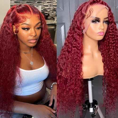 Burgundy Wig Human Hair 99j Burgundy 13x6 Deep Wave Lace Front Wigs Human Hair Pre Plucked HD Transparent Lace Frontal Wigs for Black Women Red Colored Wig 24 Inch
