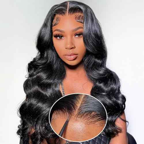 Body Wave Glueless Wig Human Hair 28 Inch Pre Plucked Pre Cut Glueless Lace Front Wig Ready to Wear 6x4 Body Wave Closure Wig 180% Density Human Hair Bleached Knots Natural Black