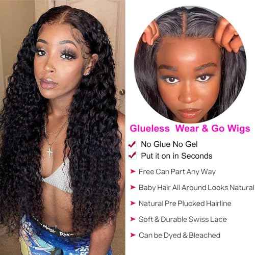 Wear and Go Glueless Wigs Human Hair Pre Plucked Pre Cut for Beginners Deep Wave Lace Front Wigs Human Hair Upgraded No Glue Ready To Wear 4x4 Lace Closure Glueless Wigs for Women 24 Inch