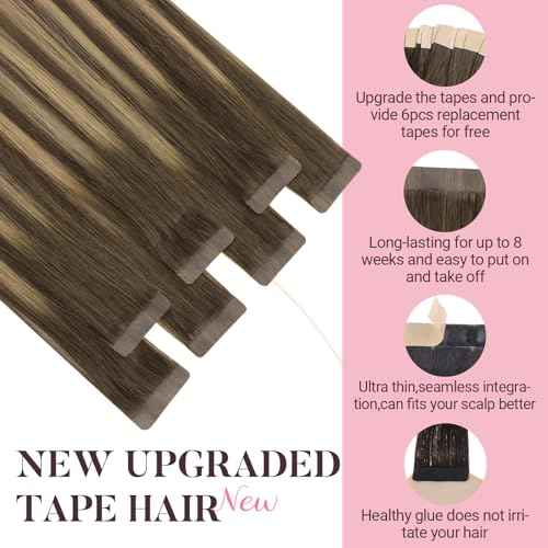 MAXITA Tape in Hair Extensions Human Hair 4/27/4 Chocolate Brown Mixed Caramel Blonde Balayage 20 Inch 100g 40pcs Thick Ends Straight Seamless Tape ins Remy Invisible Tape in Extensions Human Hair