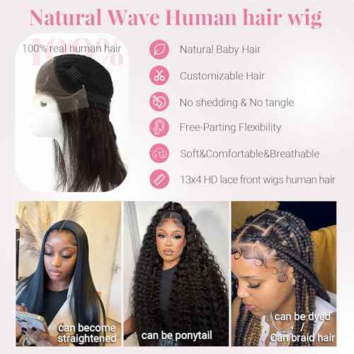 Human Hair Wig 13x4 HD Lace Front Wig Human Hair 14inch Natural Wave 360¡ÆAll Around Lace Real Hair Wigs For Women Glueless Wear Natural Black
